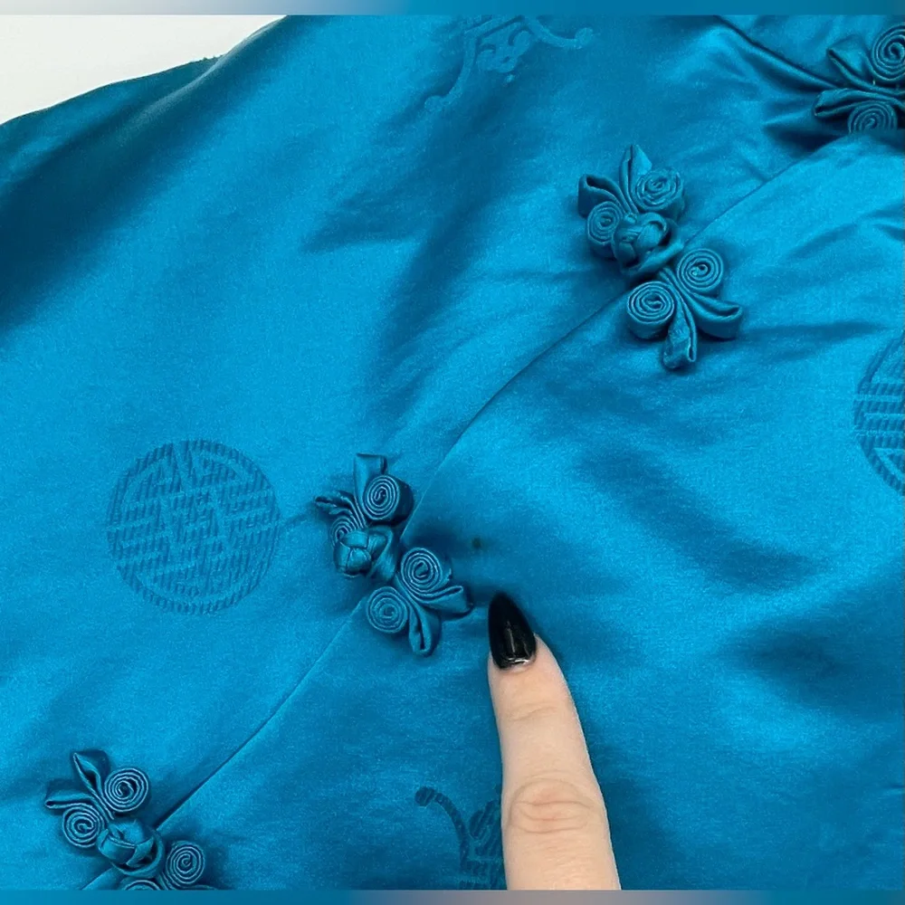 VTG 1960s Mandarin Fashions Aqua Blue Maxi Length Mid Century Cheongsam Dress - Picture 13 of 14